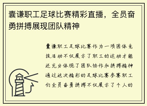 囊谦职工足球比赛精彩直播，全员奋勇拼搏展现团队精神